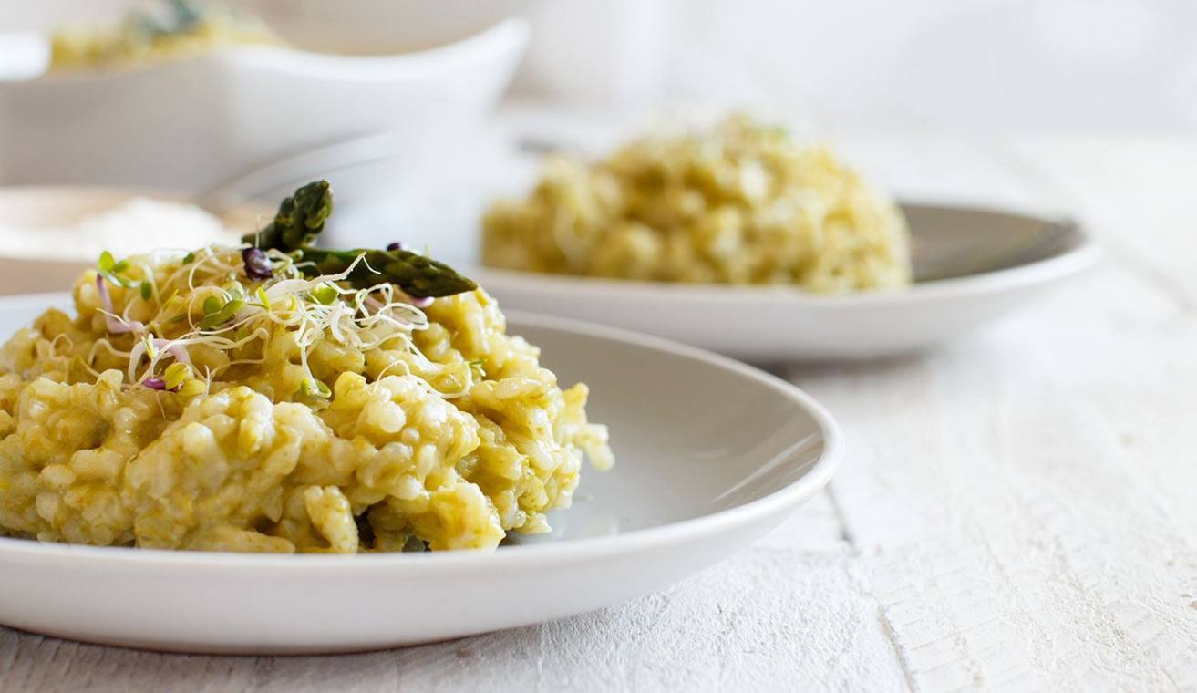Asparagus risotto top view close up