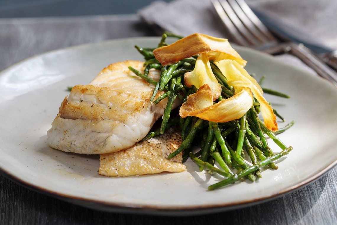 Sea bass fillet with parsnip crisp and samphire